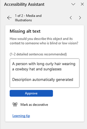 Accessibility assistant missing alt text showing auto generated alt text -  A person with long curly hair wearing a cowboy hat and sunglasses