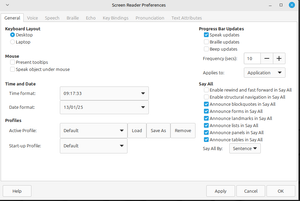 Setting keyboard layout in screen reader preferences Linux Xfce