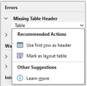 Errors menu use first row as header