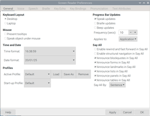 screen reader preferences with the keyboard layout set to desktop