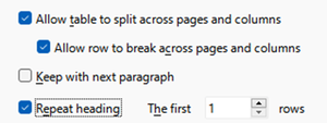 Allow the table to split across pages and columns, allow row to break across pages and columns, and repeat heading are checked