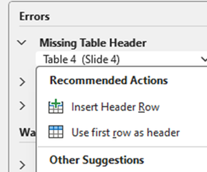 Missing table header recommended actions