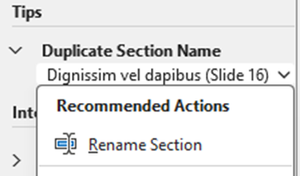 Duplicate section name recommended actions