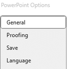 PowerPoint options including general, proofing, save, and language