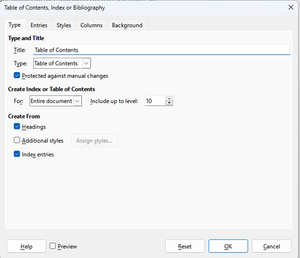 Table of Contents, Index or Bibliography dialog box
