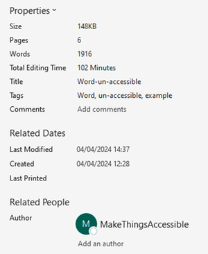 Properties section showing size, pages, words, title, tags, comments, and author