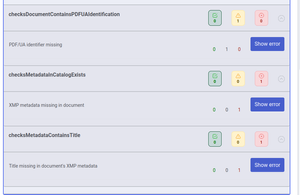 1 warning, PDF/US identifier missing, 1 error XMP metadata missing in document, and 1 error Title missing in document's XMP metadata