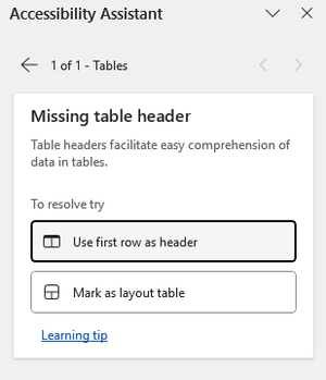 Accessibility assistant, use first row as header or mark as layout table