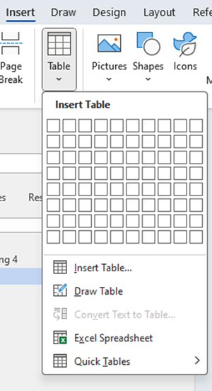 Insert table dialog
