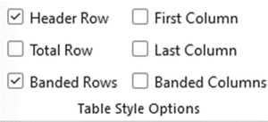 Table style options menu