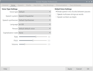 screen reader preferences with the keyboard layout set to desktop