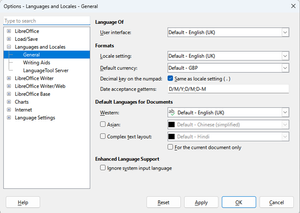 Options dialog, languages and locales, general showing user interface language, locale settings and default language for documents
