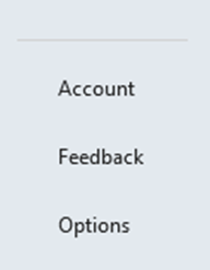 File menu showing account, feedback, and options