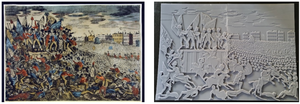 Peterloo Massacre engraving 1819 (left) and Optacartography tactile alternative (right)