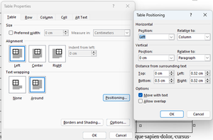 Table properties and table positioning dialog boxes